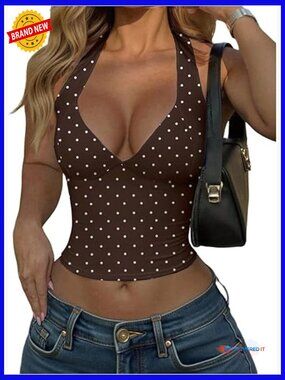 Halter Deep V Neck Crop Top Y2K Open Back Sleeveless Fitted Tank Top